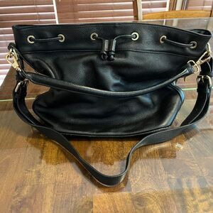 ORA DELPHNE Pebbled Leather Convertible Claire Drawstring Bucket Handbag Black